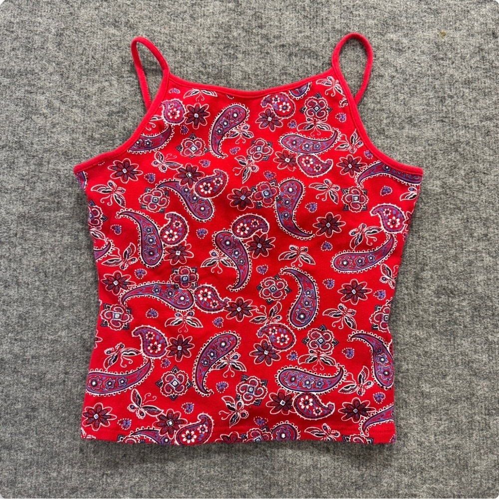 Energie Red Paisley Camisole Tank Top Y2K Fitted Shelf Bra S / M Cotton Sporty - Picture 5 of 8